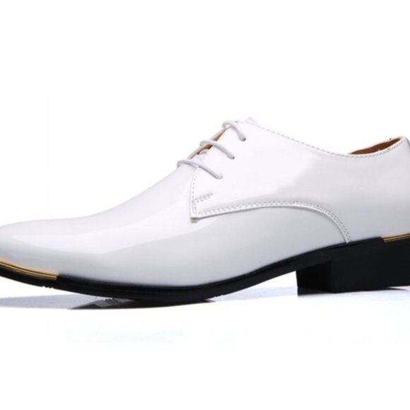 Santimon Men's US 8, 10 White Patent Leather Lace Up Pointed Toe Oxford Shoes - Picture 2 of 11